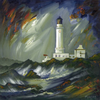 An expressionistic painting of a luminous lighthouse on a rocky shore under a tumultuous sky. By Raymond Murray